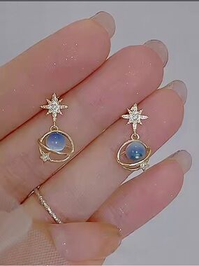 Cosmic Star River Ear Stud Earrings Blue Opal Cat Eye